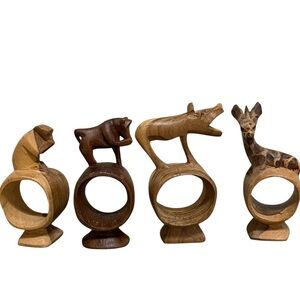 Wood Hand Carved Serengeti Safari Animal Napkin Rings Holders Brown Tan Set of 4